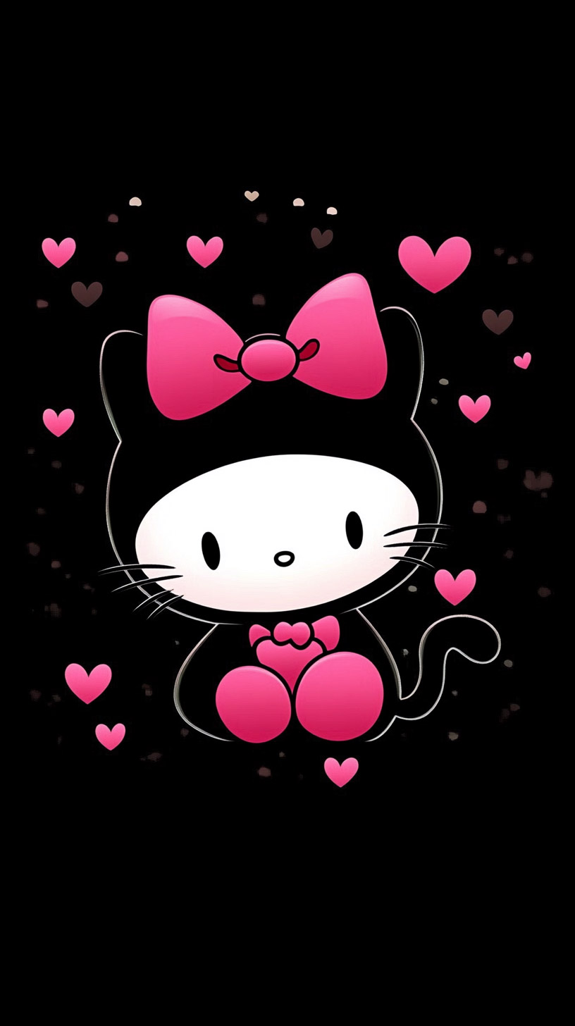 Trendy Black-Pink Hello Kitty Mobile Wallpaper in 9:16 Format