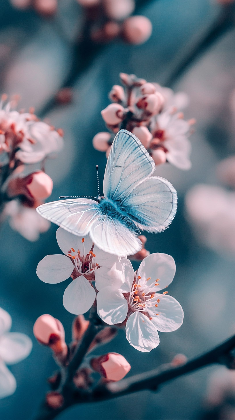 HD Digital Background Featuring Blue Flowers and Butterflies