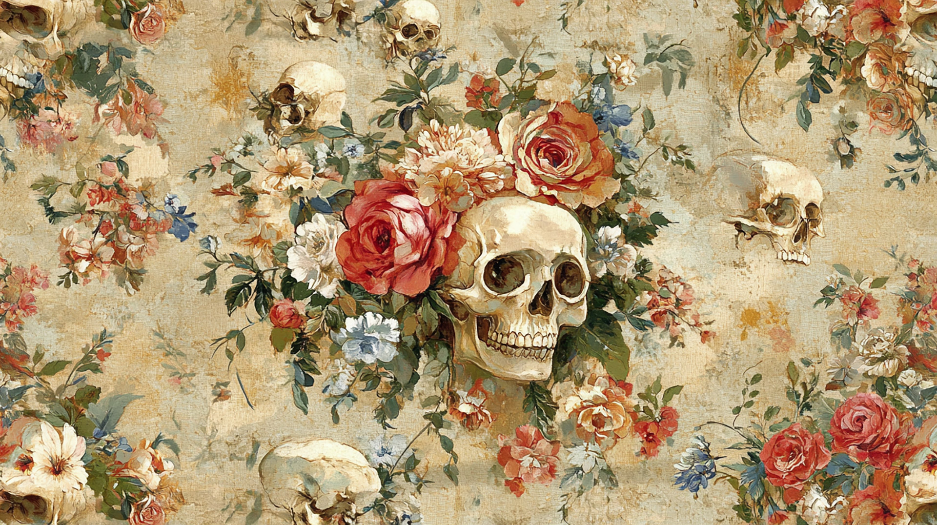 Bold and Artistic Flowers and Skulls Wallpaper for Desktop