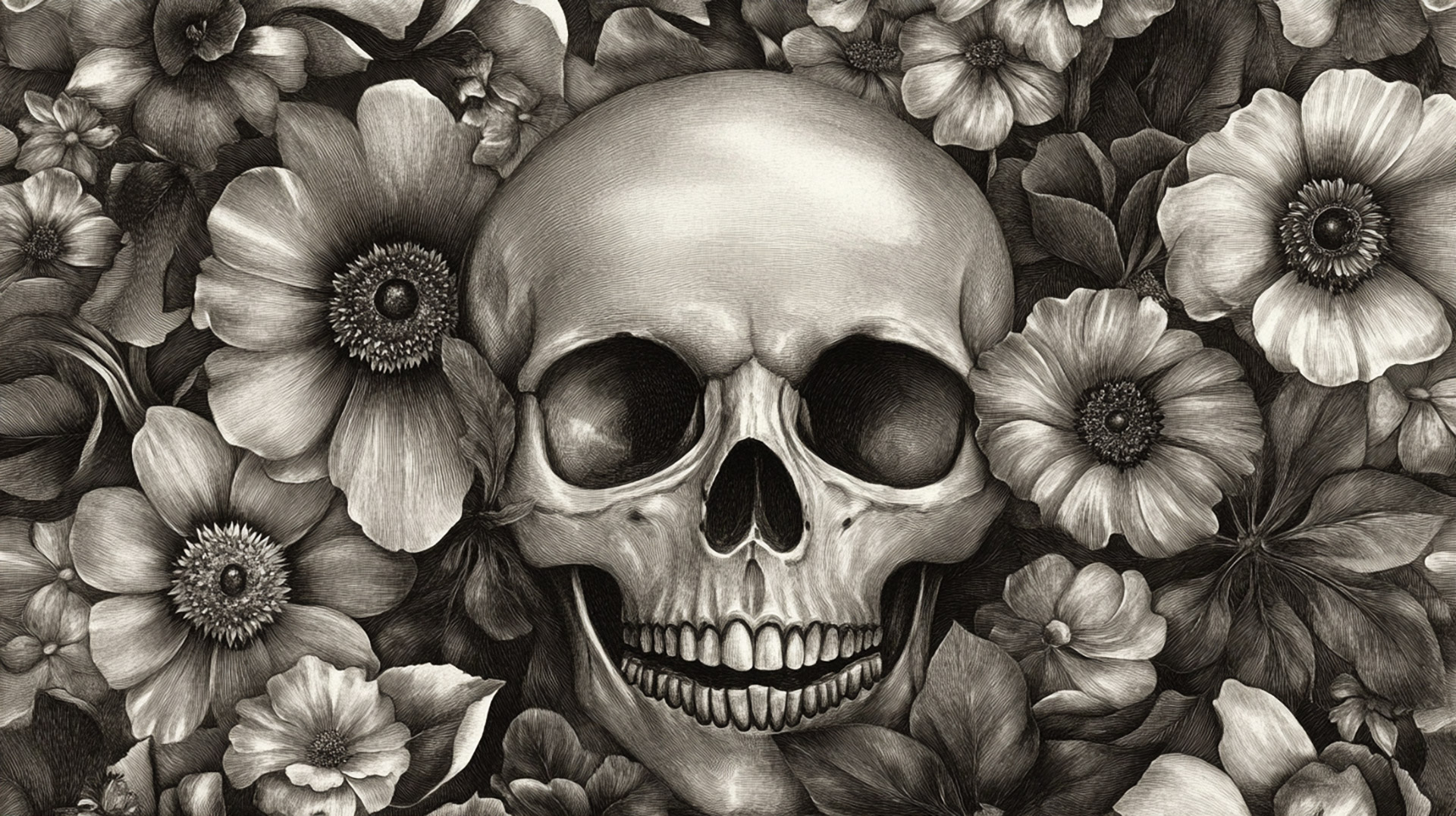 Unique 16:9 Flowers and Skulls Wallpaper for Free