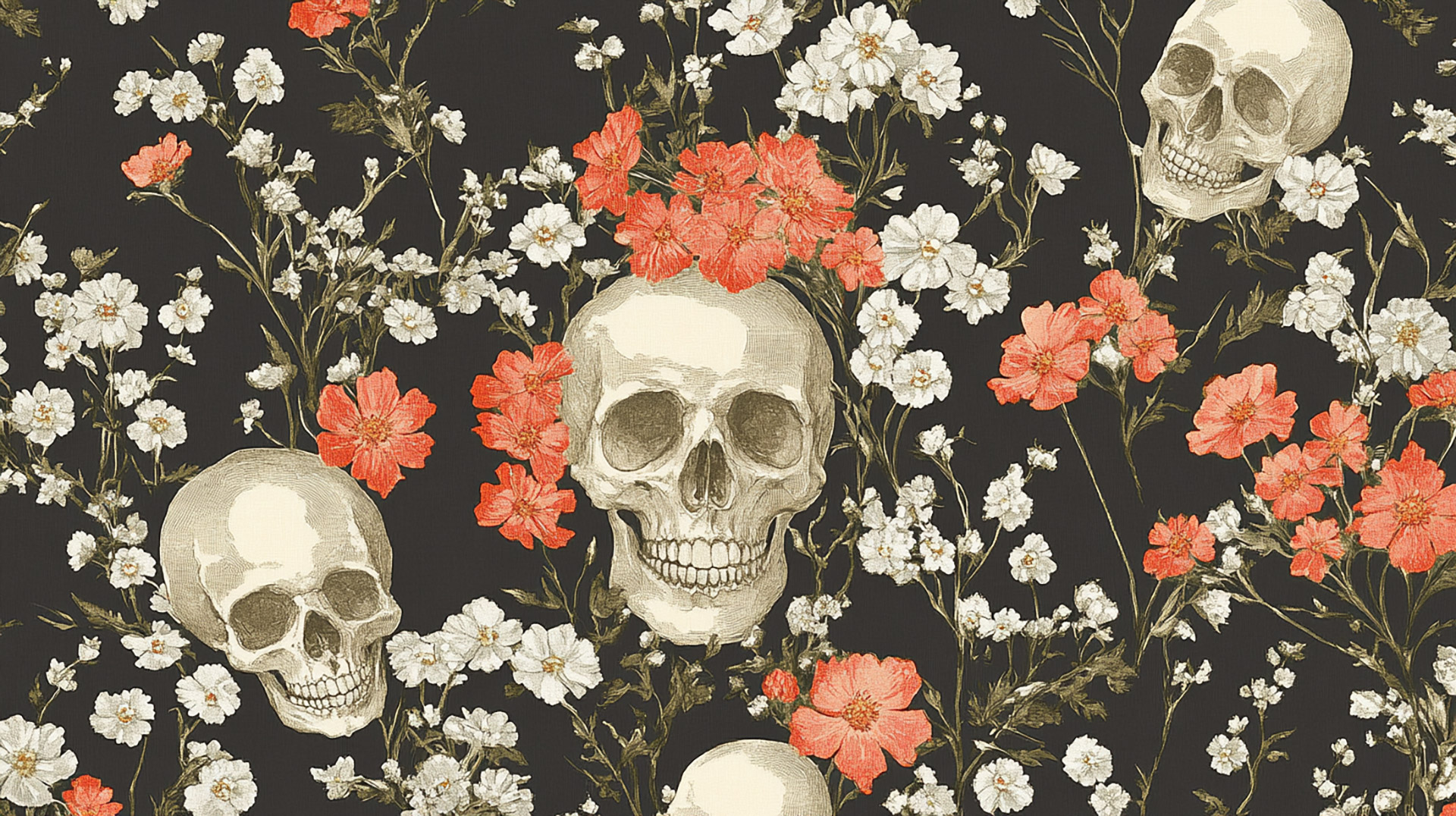 Beautiful Flowers and Skulls Pattern in 16:9 Aspect Ratio