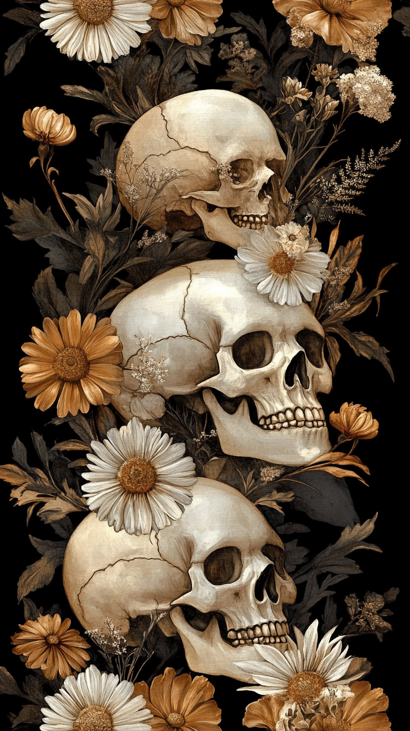 Stunning HD Flowers and Skulls Digital Background for Mobile