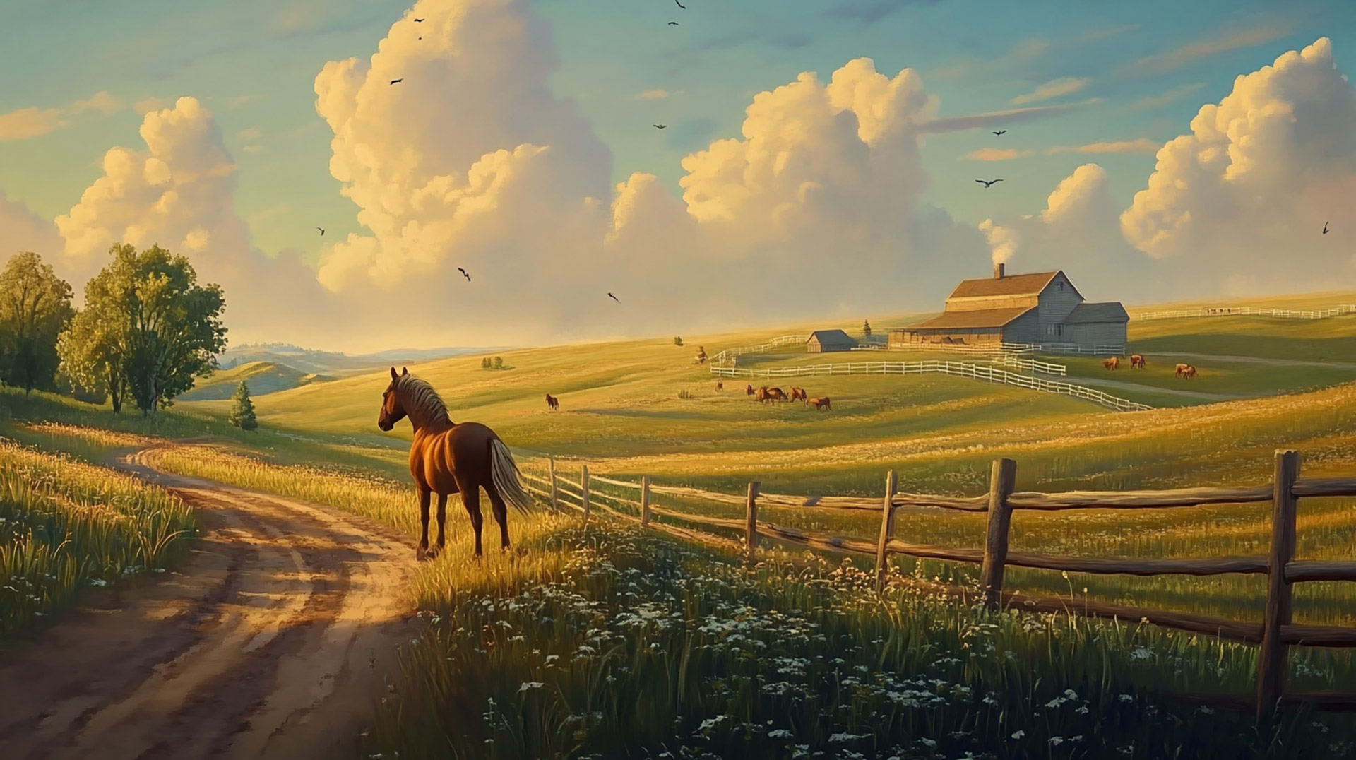 Beautiful Digital Background of a Scenic Horse Ranch