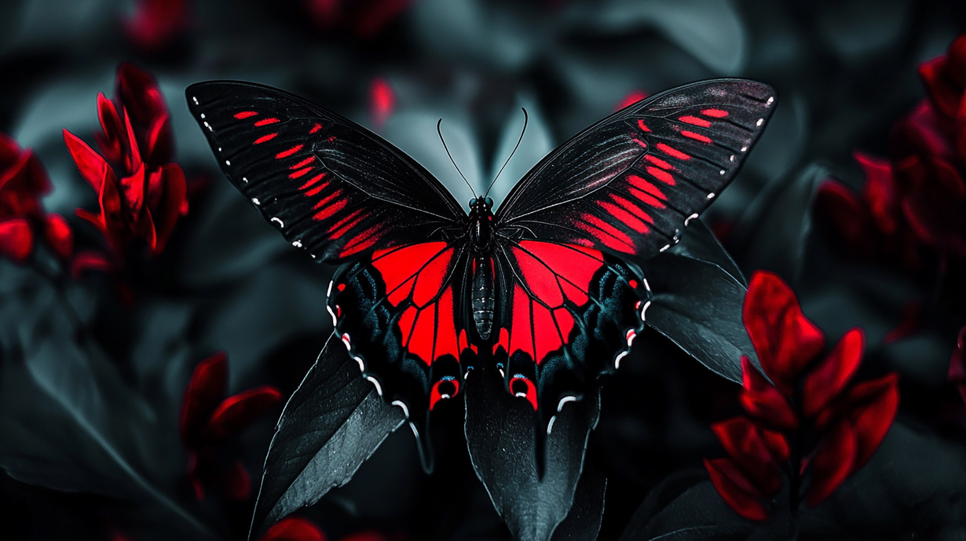 Elegant AI Wallpaper Featuring Black and Red Butterflies