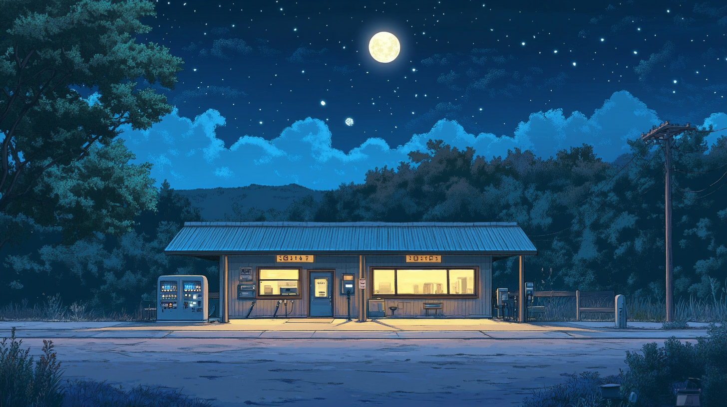 Mesmerizing AI Wallpaper of Night Gas Station Scene