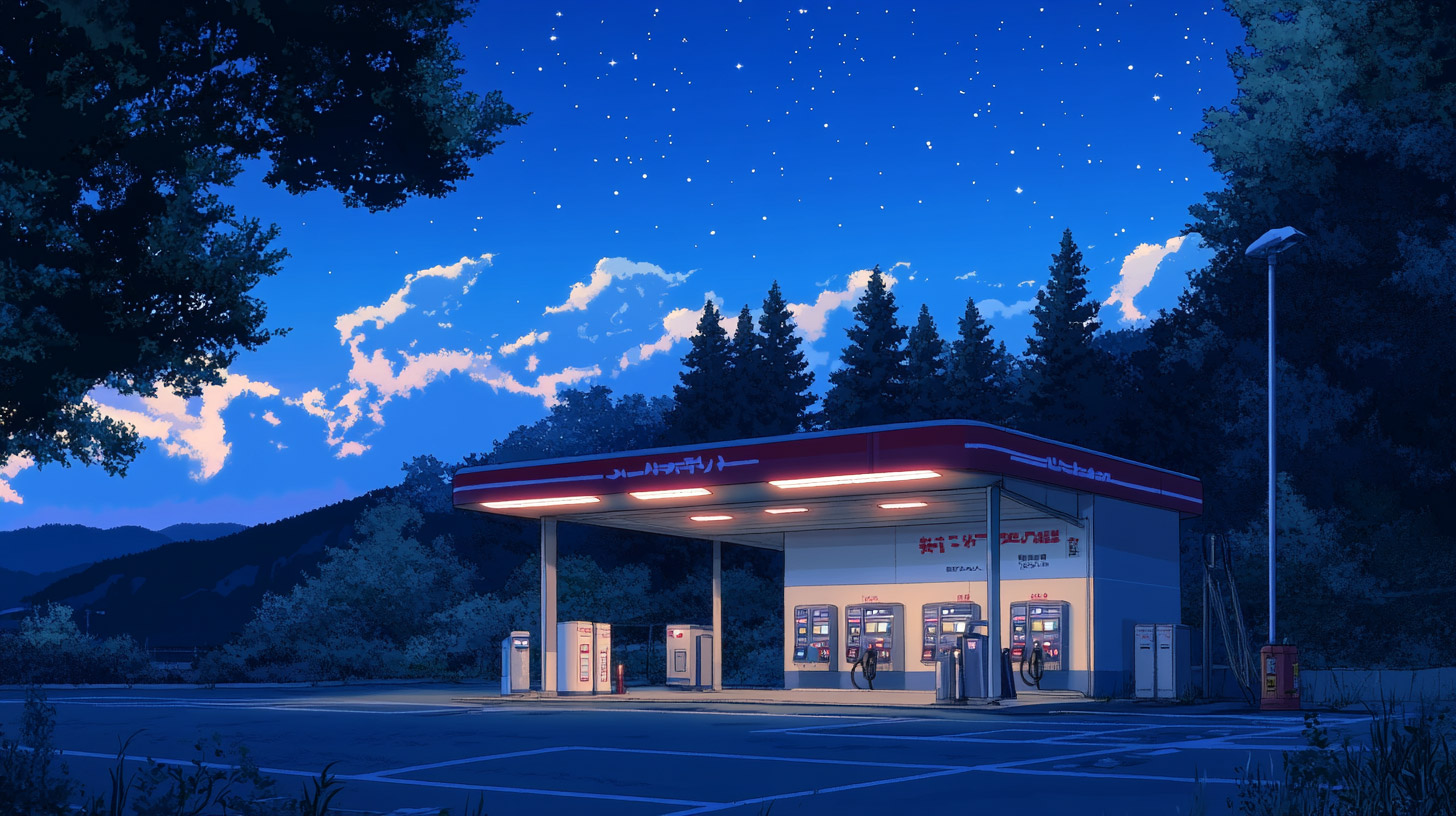 High-Quality 1920x1080 Night Gas Station Desktop Wallpaper