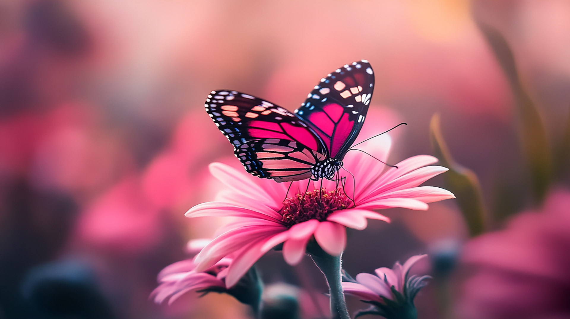 Digital Background: Pink Flowers with Butterflies for PC Wallpapers