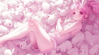 Pink Kawaii Girl and Bunnies HD Wallpaper for Desktop