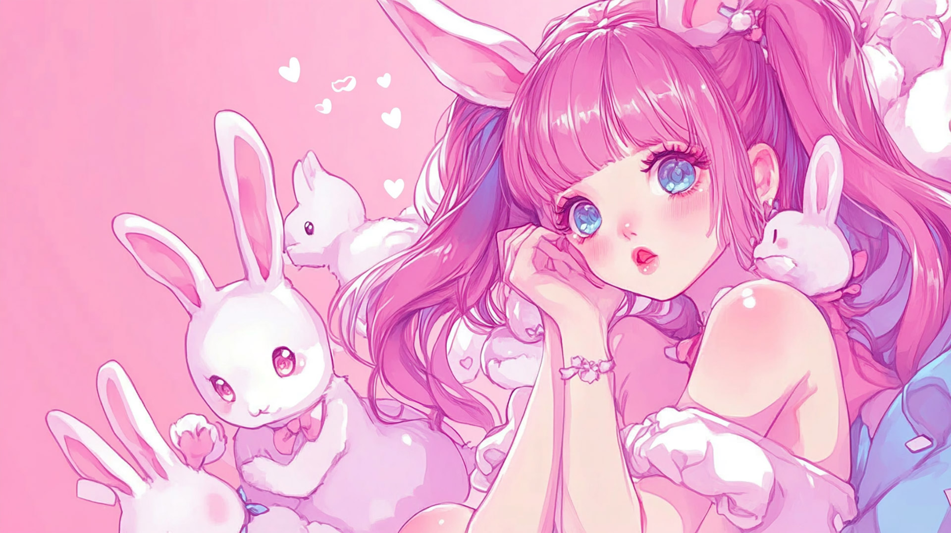 AI Wallpaper: Pink Kawaii Girl Among Cute Bunnies