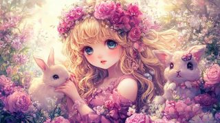 Free Stock Photos for Pink Kawaii Girl and Bunnies