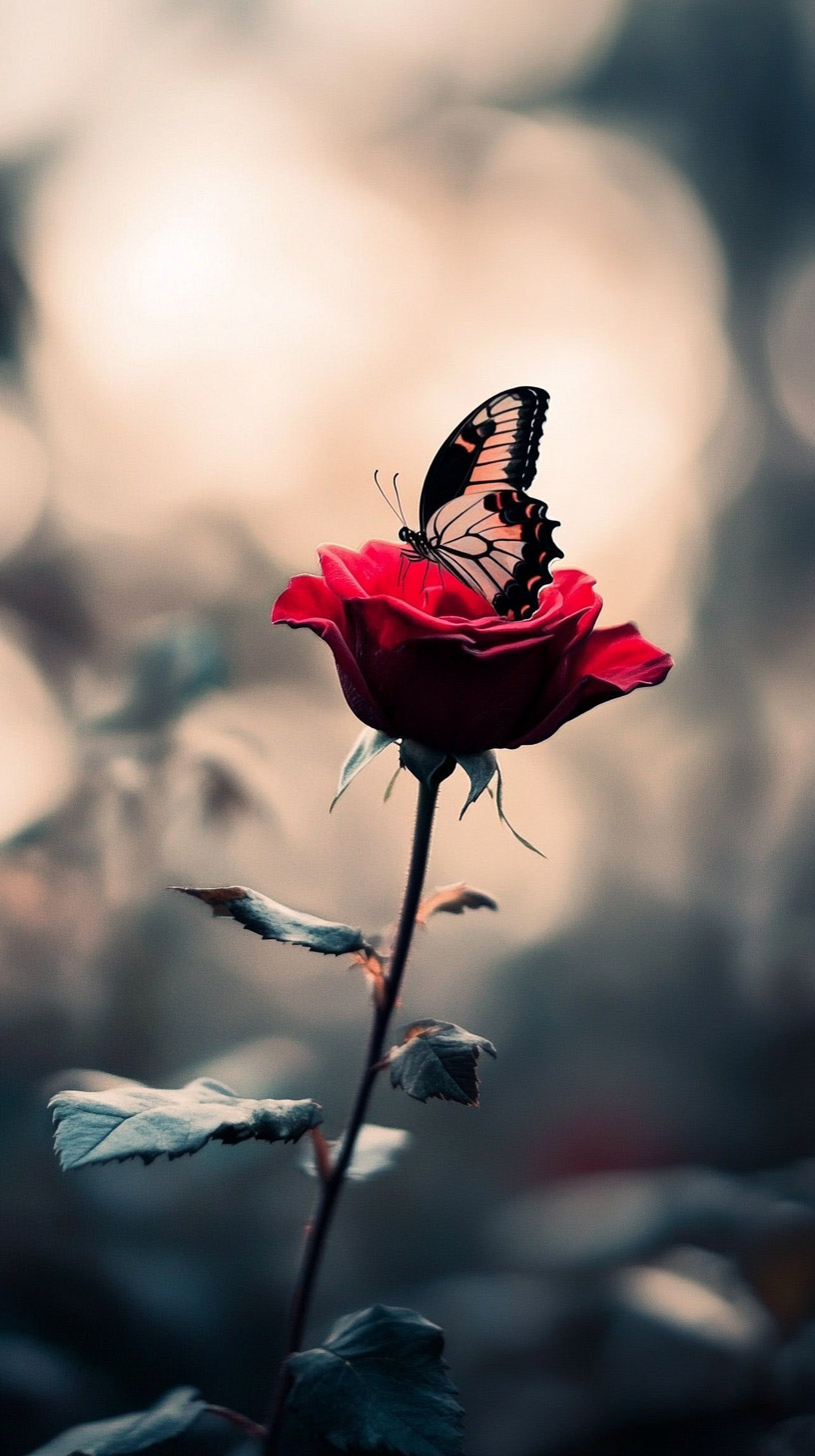 Vibrant Red Rose & Butterfly HD Picture for Mobile