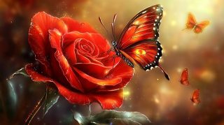 HD Pictures of Red Rose with Butterfly