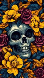 Artistic Skull and Flowers Mobile Wallpaper for iPhone