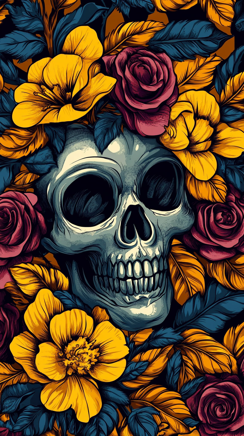 Artistic Skull and Flowers Mobile Wallpaper for iPhone