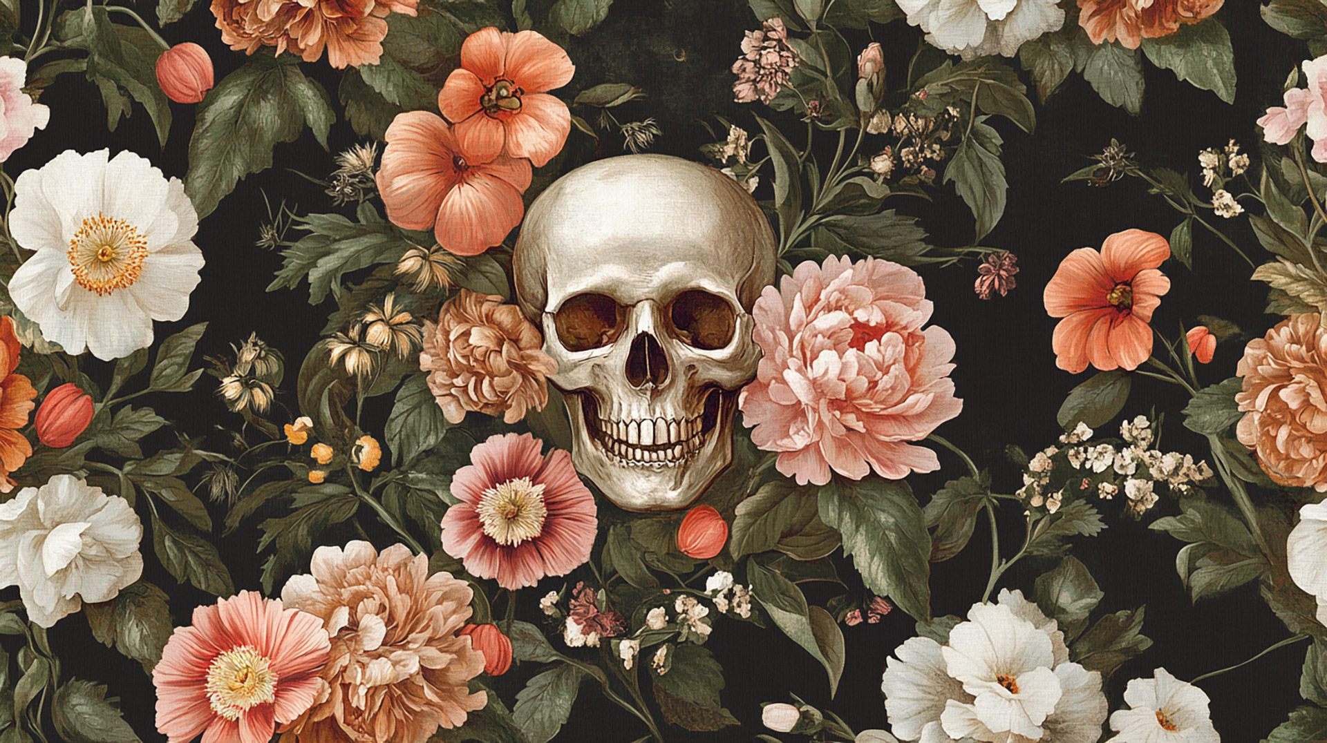 Inspiring Skull and Flowers Desktop Background Picture