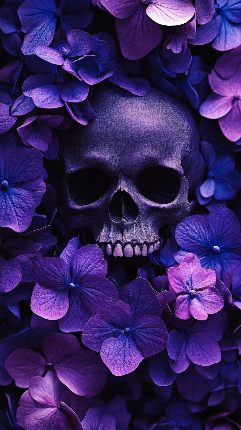 Gothic Skull and Purple Flowers Mobile Wallpaper Download