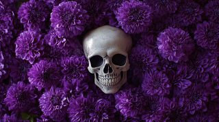 16:9 Skull and Purple Flowers Wallpaper for PCs