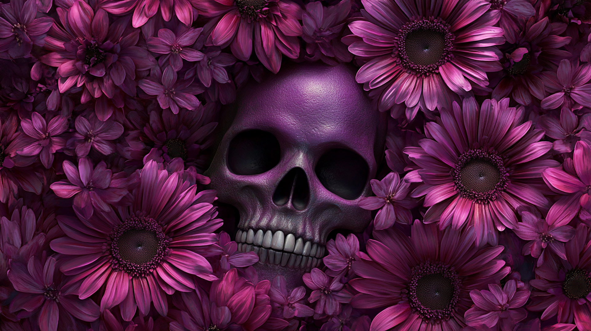 Free AI Wallpaper: Skull and Purple Flowers HD Download