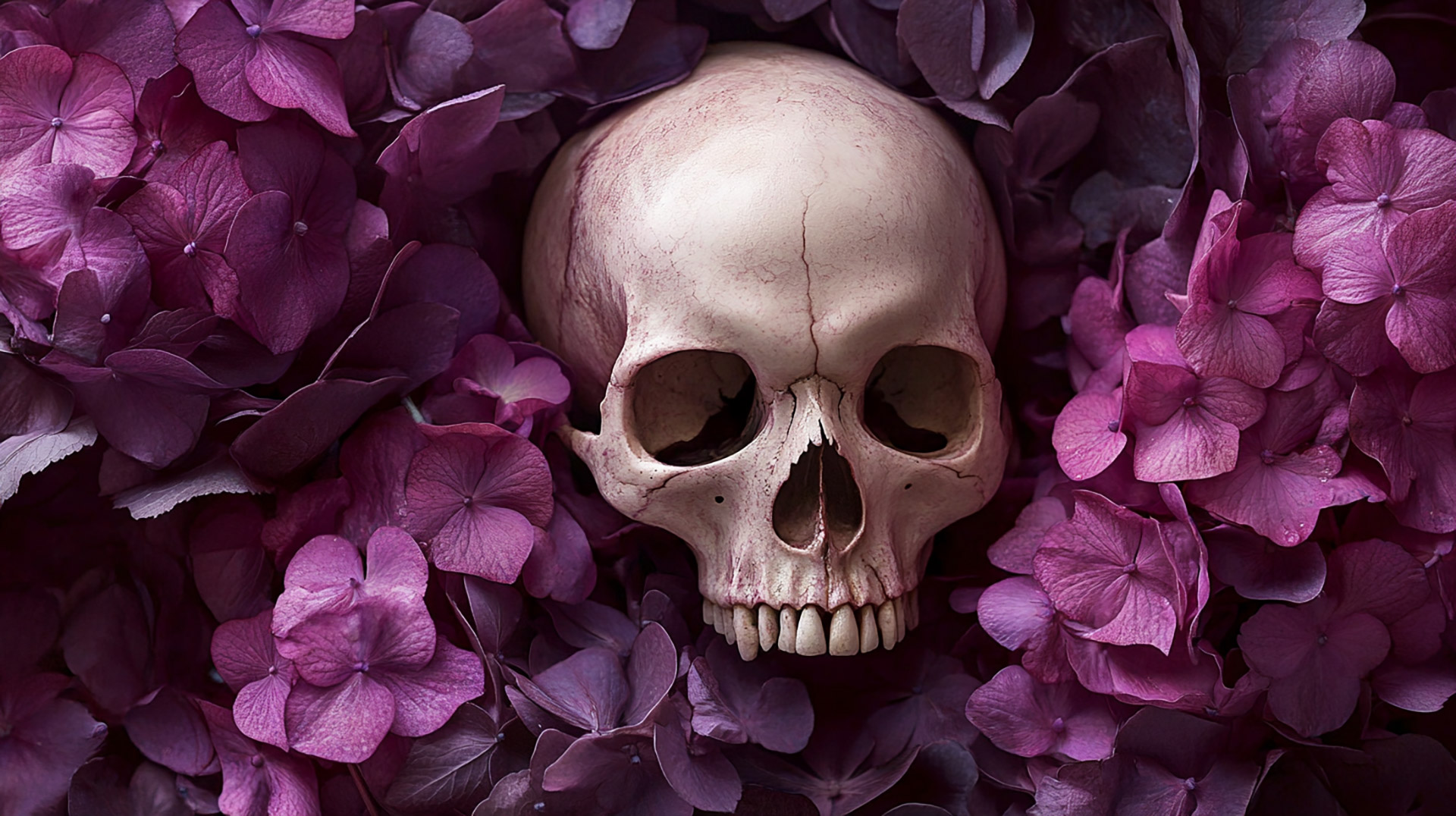 HD Wallpaper Featuring Skull and Purple Flowers Design