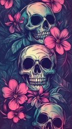 Mobile Wallpaper Featuring Skulls and Beautiful Flowers