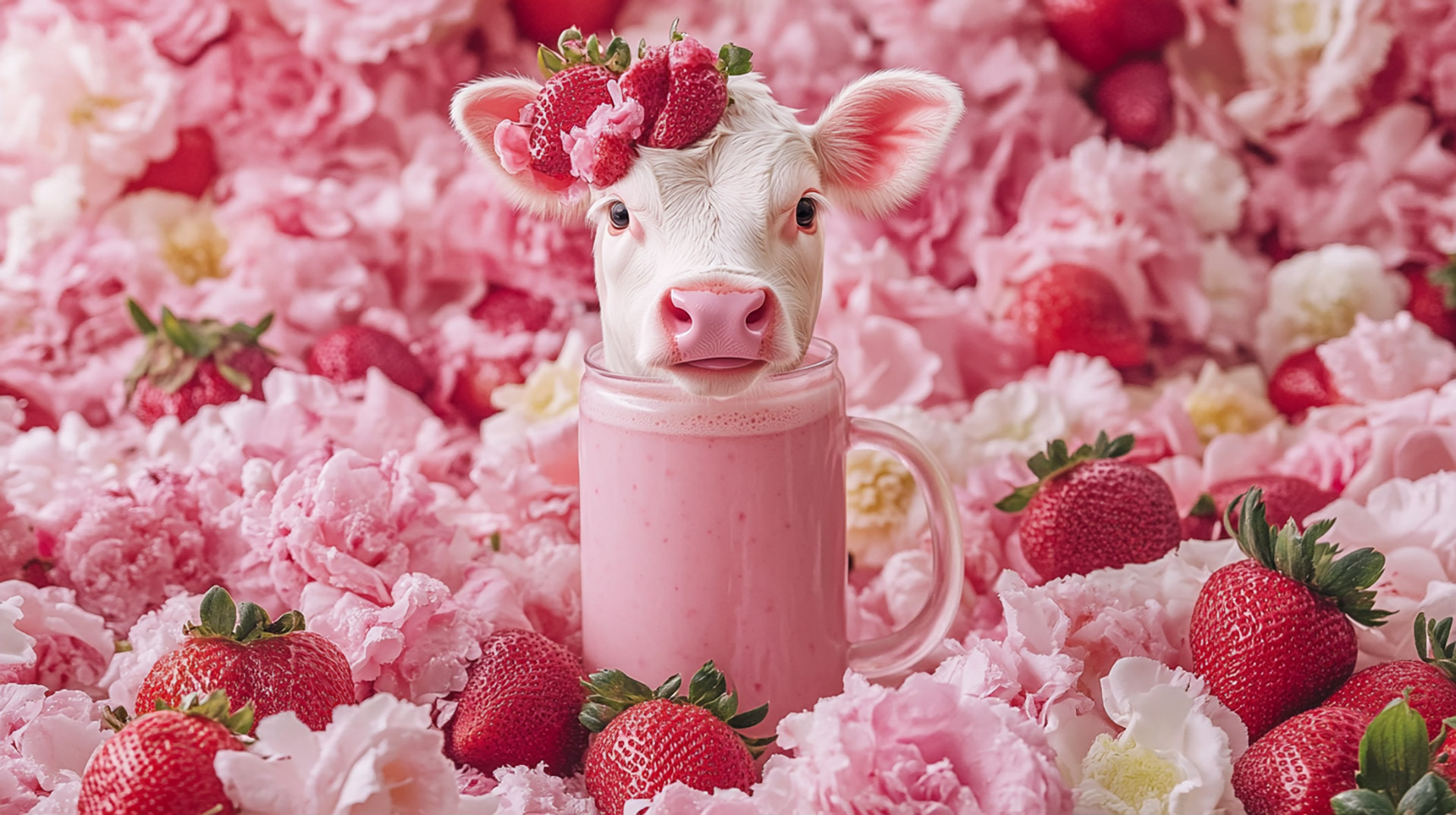 Cute Pink Cow Strawberry Milk HD Wallpaper for Desktop