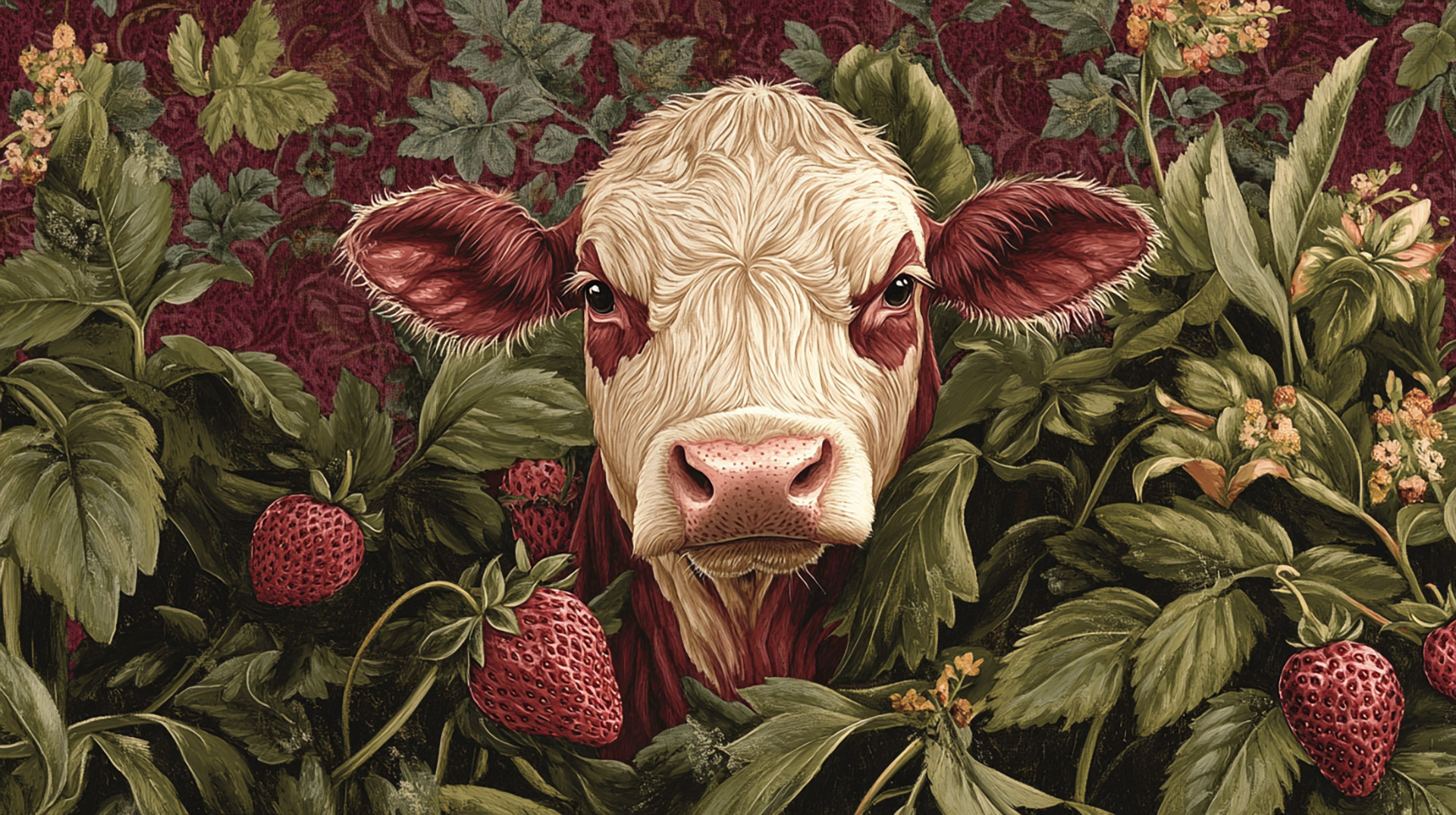 High-Quality Strawberry-Pink Cow Wallpaper in 16:9 Format