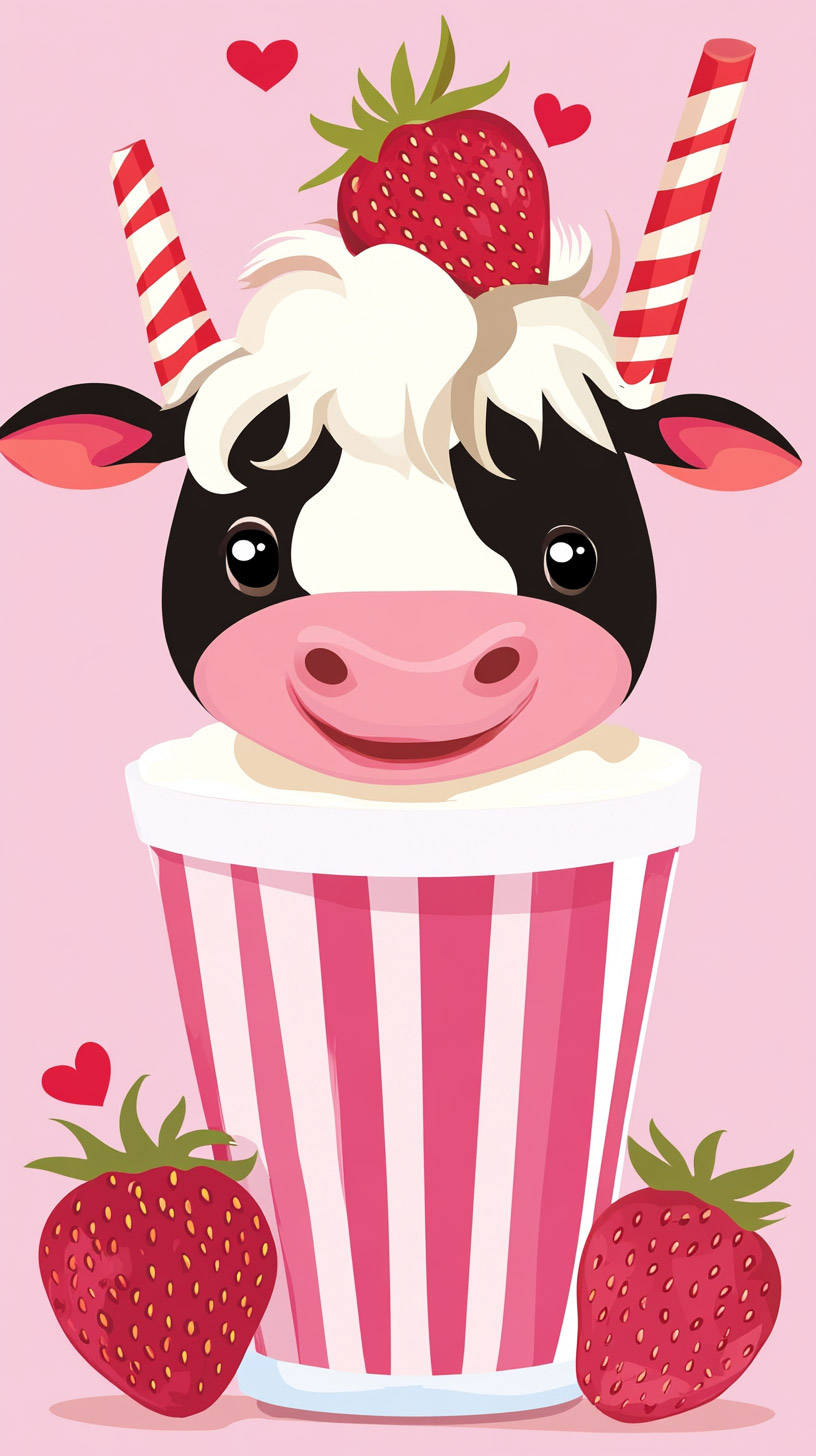 Cute Strawberry Milk and Cow Image for Android Devices