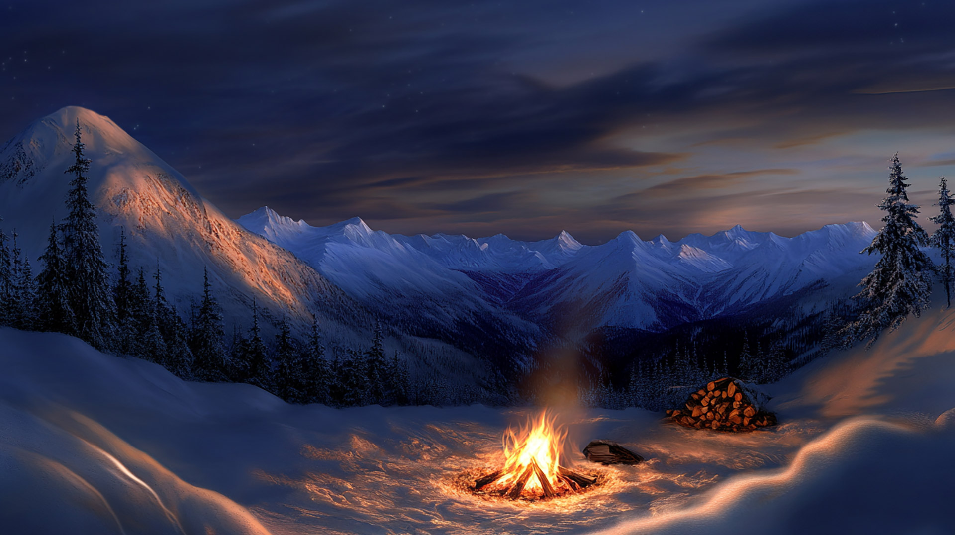 AI-Generated Winter Campfire Digital Background in 4K